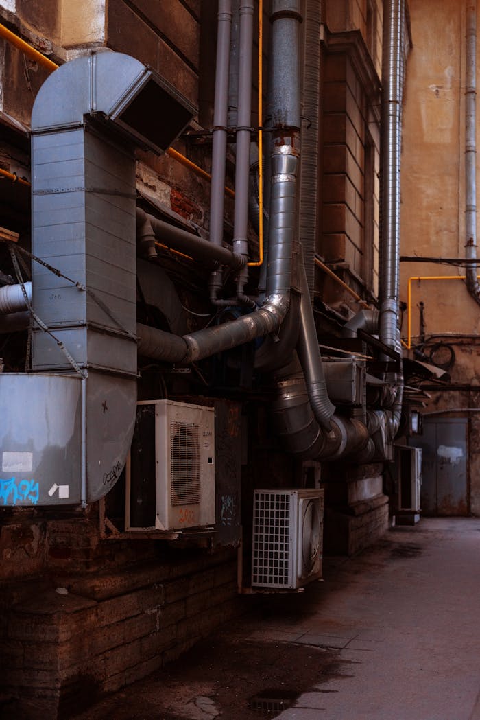 Close-up of urban building exterior with air conditioning units and pipes in an industrial district.